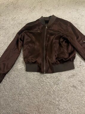 Alexandra Bartlett 100% Silk Brown Bomber Jacket | Cropped Zip Up Minimalist
